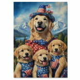 Mother Golden Retriever with Three Puppies in Patriotic Outfits and Hats in a Scenic Mountain Landscape on Ready to Hang 1.5" Thick Canvas Wrap, Floating Framed Canvas, Flat Rolled Canvas